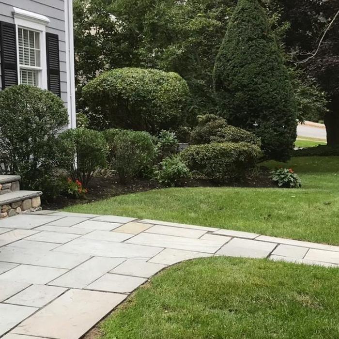 Paver walkway, low wall, and new plantings